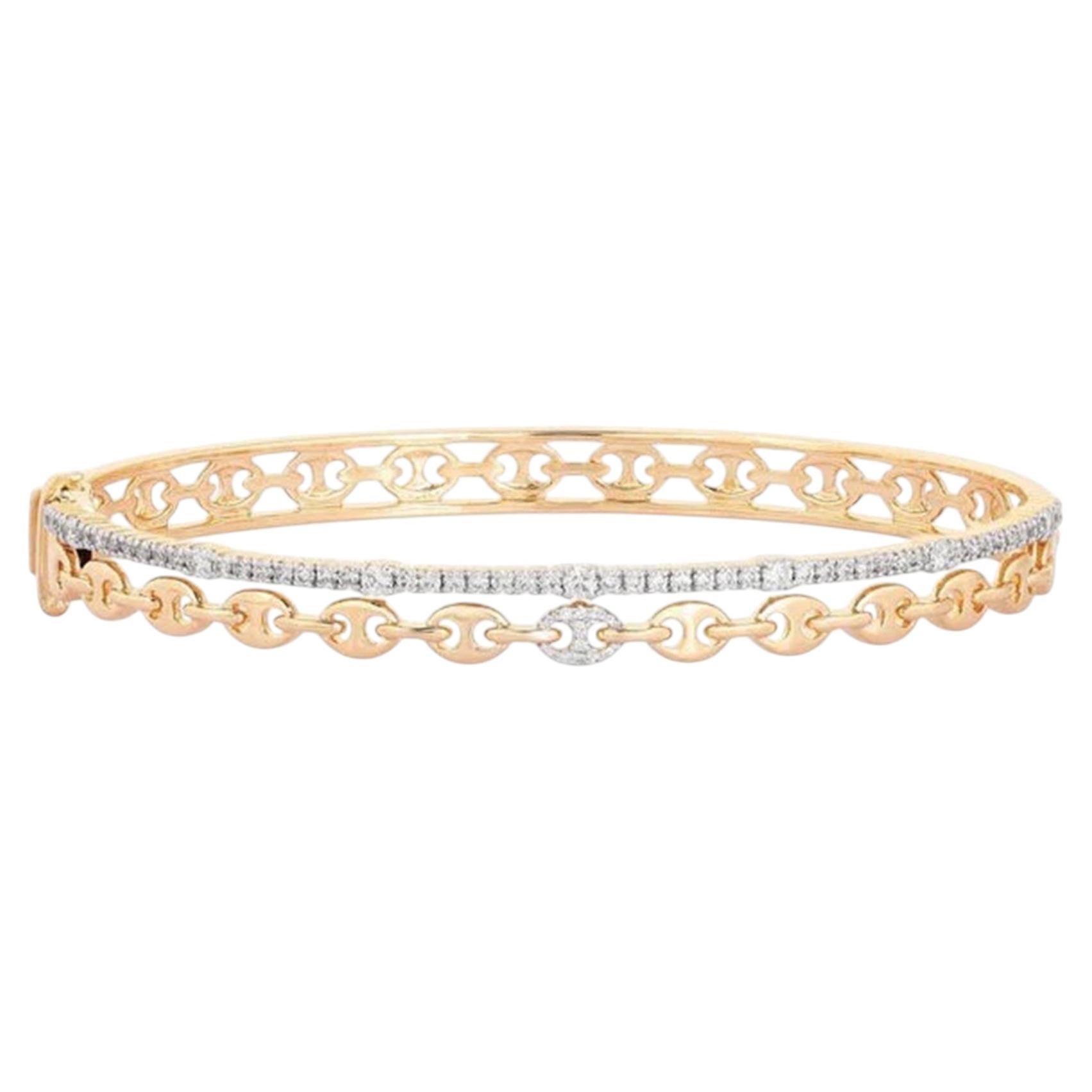 Motif Bangle 14K (or 18k upon request) Gold Chain Diamond Pave Bracelet For Sale