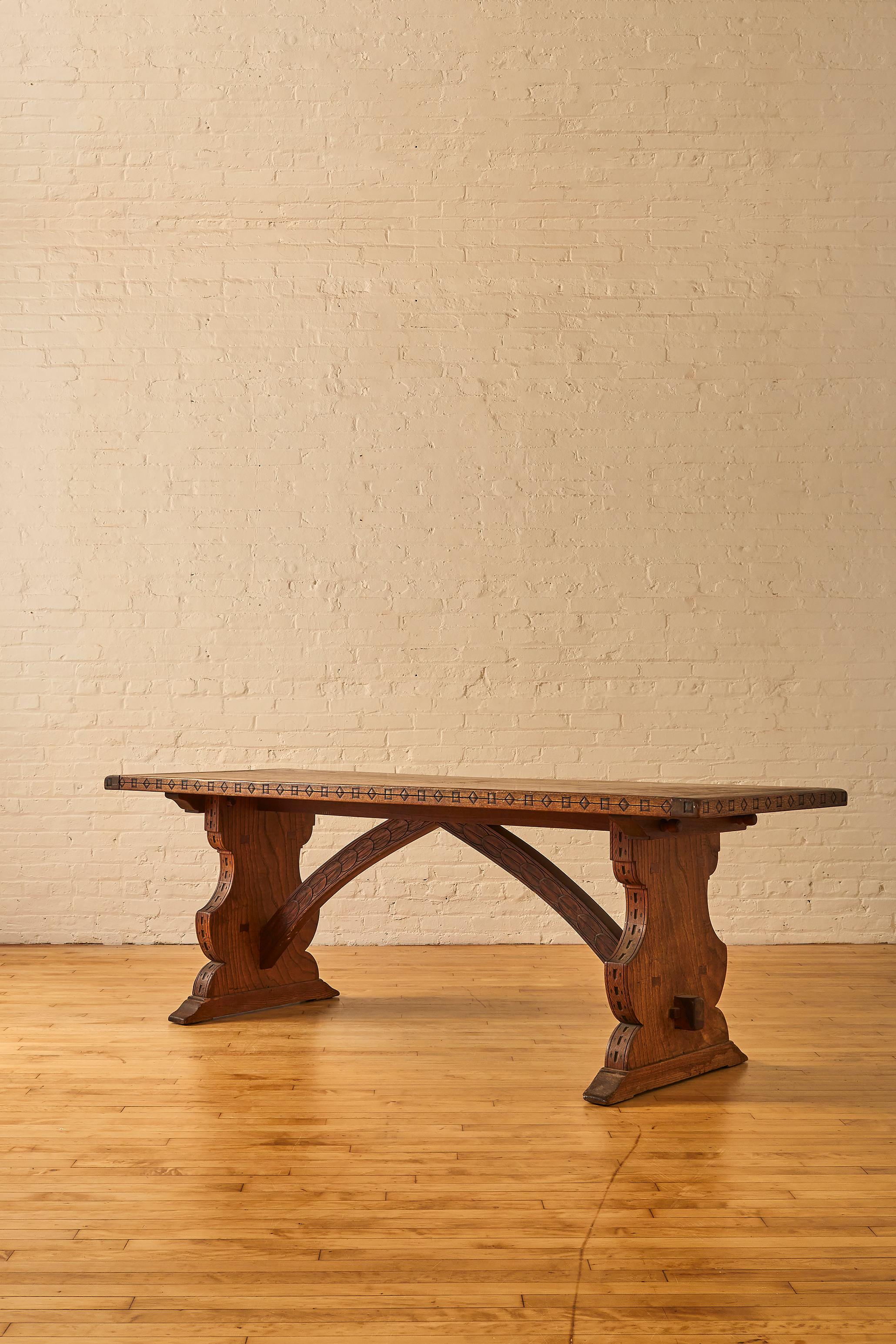 Gothic Revival Motif Trestle Dining Table
