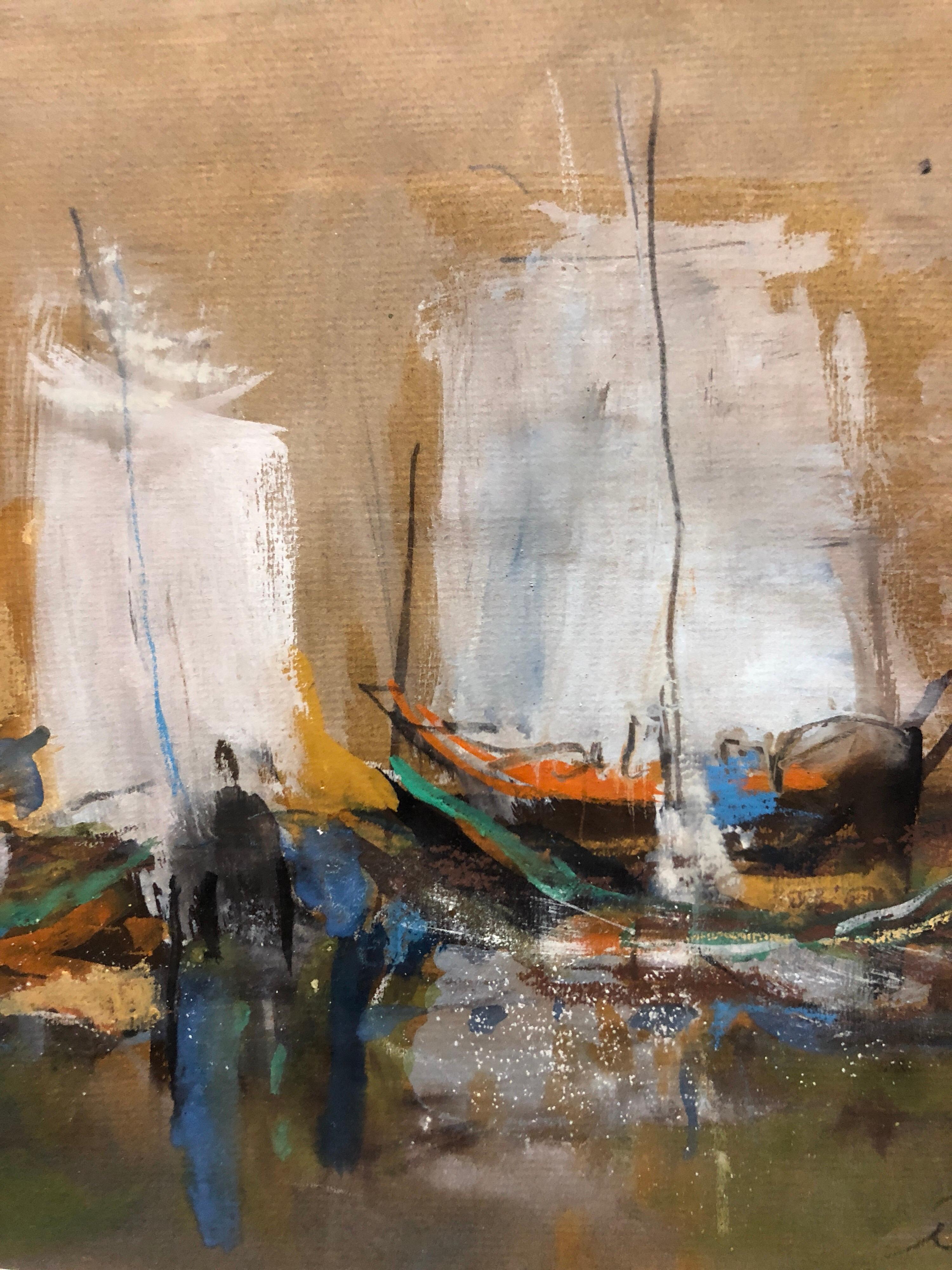 Israeli Modernist Abstract Expressionist Gouache Painting Boats - Brown Landscape Painting by Motke Blum