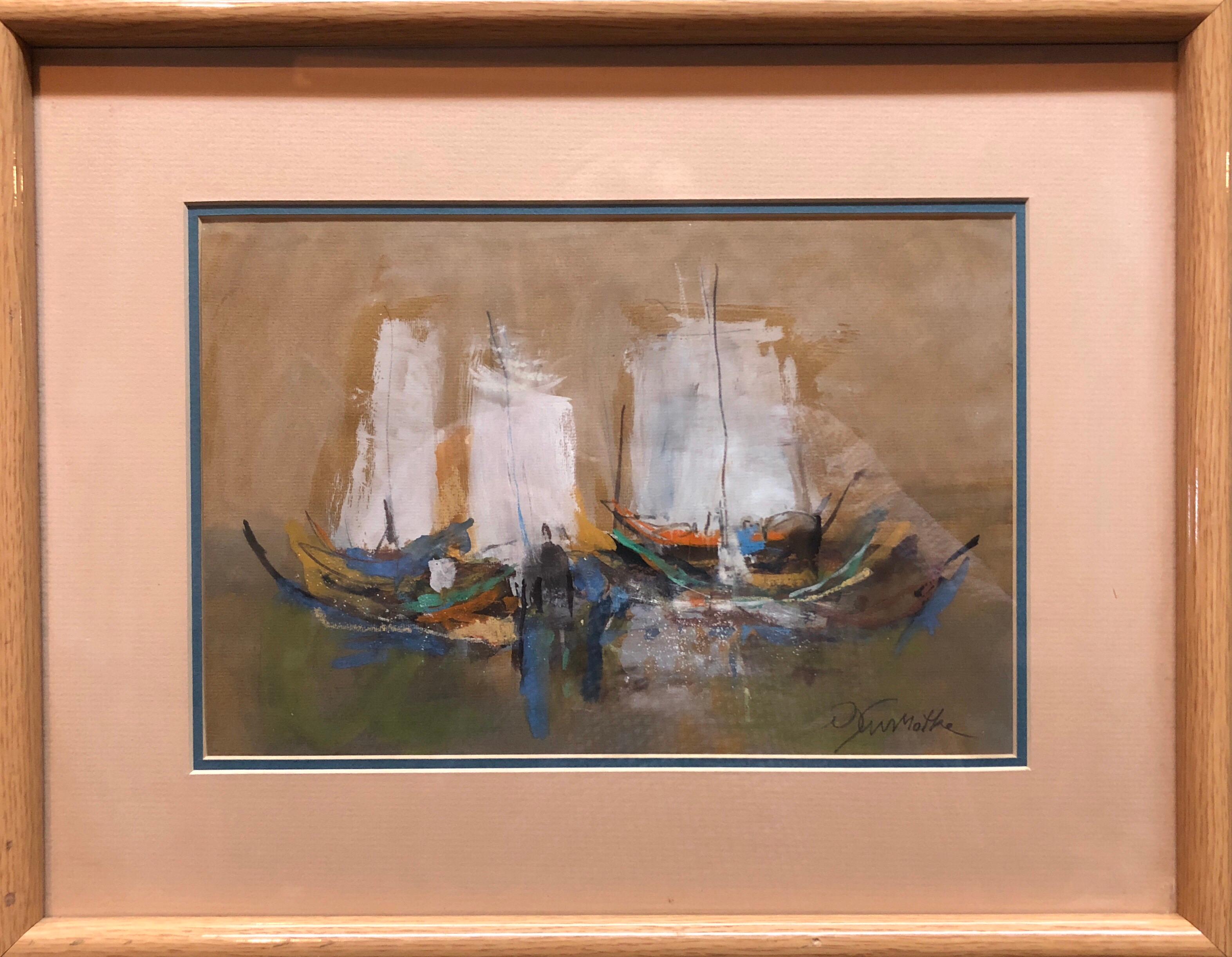 Israeli Modernist Abstract Expressionist Gouache Painting Boats For Sale 1