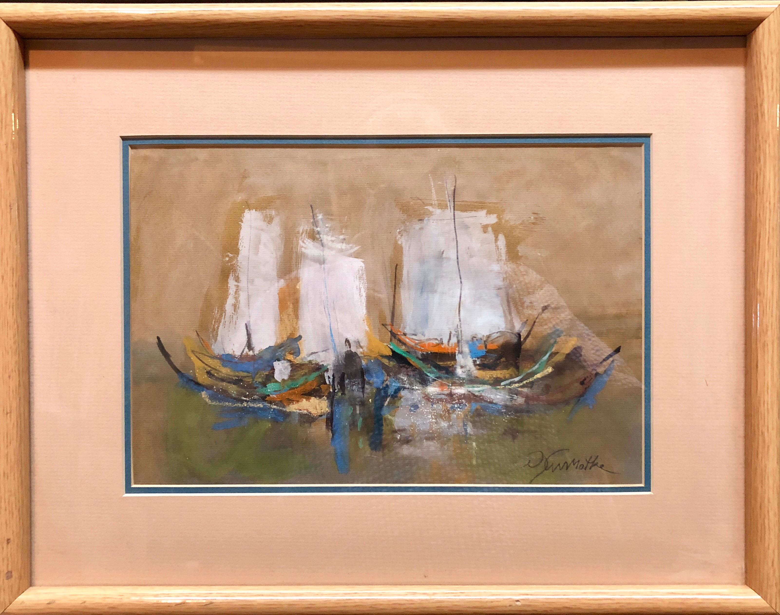 Israeli Modernist Abstract Expressionist Gouache Painting Boats For Sale 2