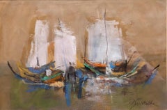 Peinture à la gouache expressionniste abstraite israélienne moderniste représentant des bateaux