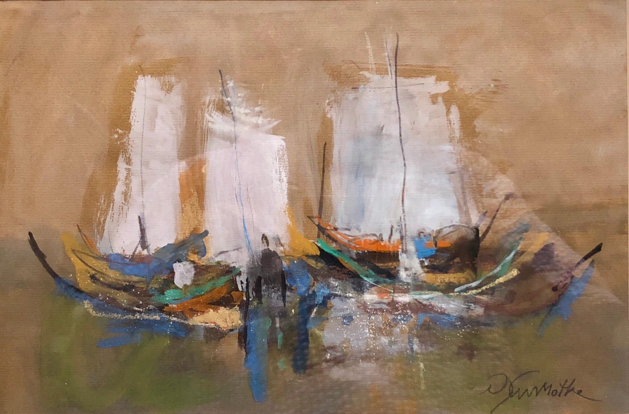 Israeli Modernist Abstract Expressionist Gouache Painting Boats