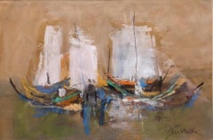 Vintage Israeli Modernist Abstract Expressionist Gouache Painting Boats