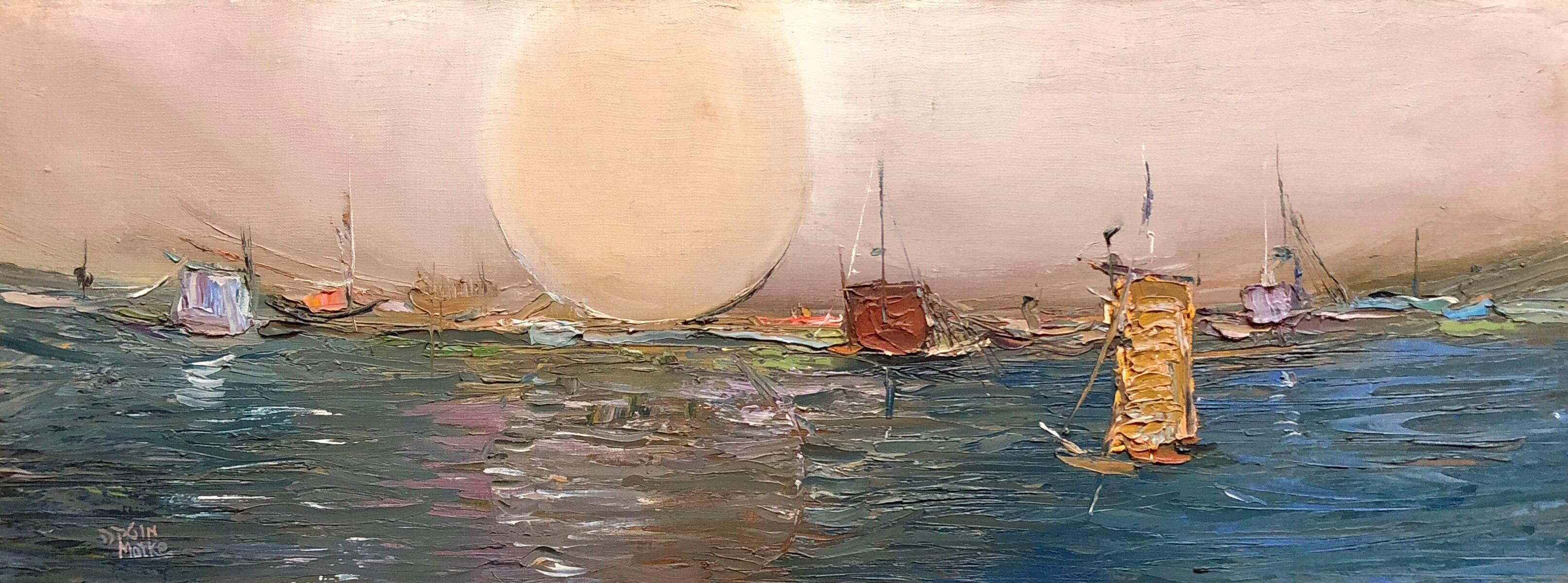 Peinture à l'huile moderniste israélienne d'expressionnisme abstrait, paysage marin, port de Tel Aviv - Painting de Motke Blum