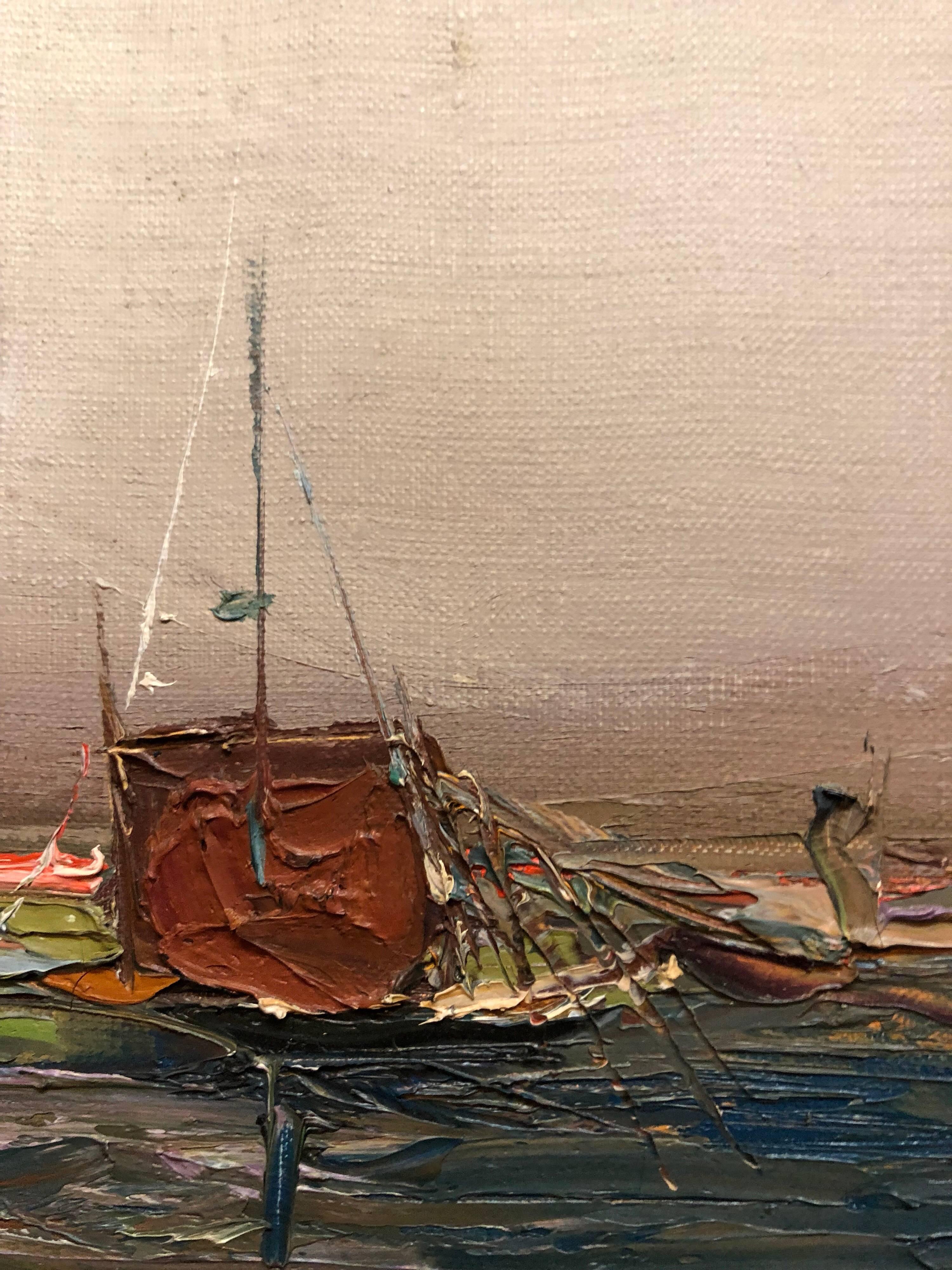 Israelische modernistische abstrakt-expressionistische Meereslandschaft, Ölgemälde, Hafen von Tel Aviv (Moderne), Painting, von Motke Blum