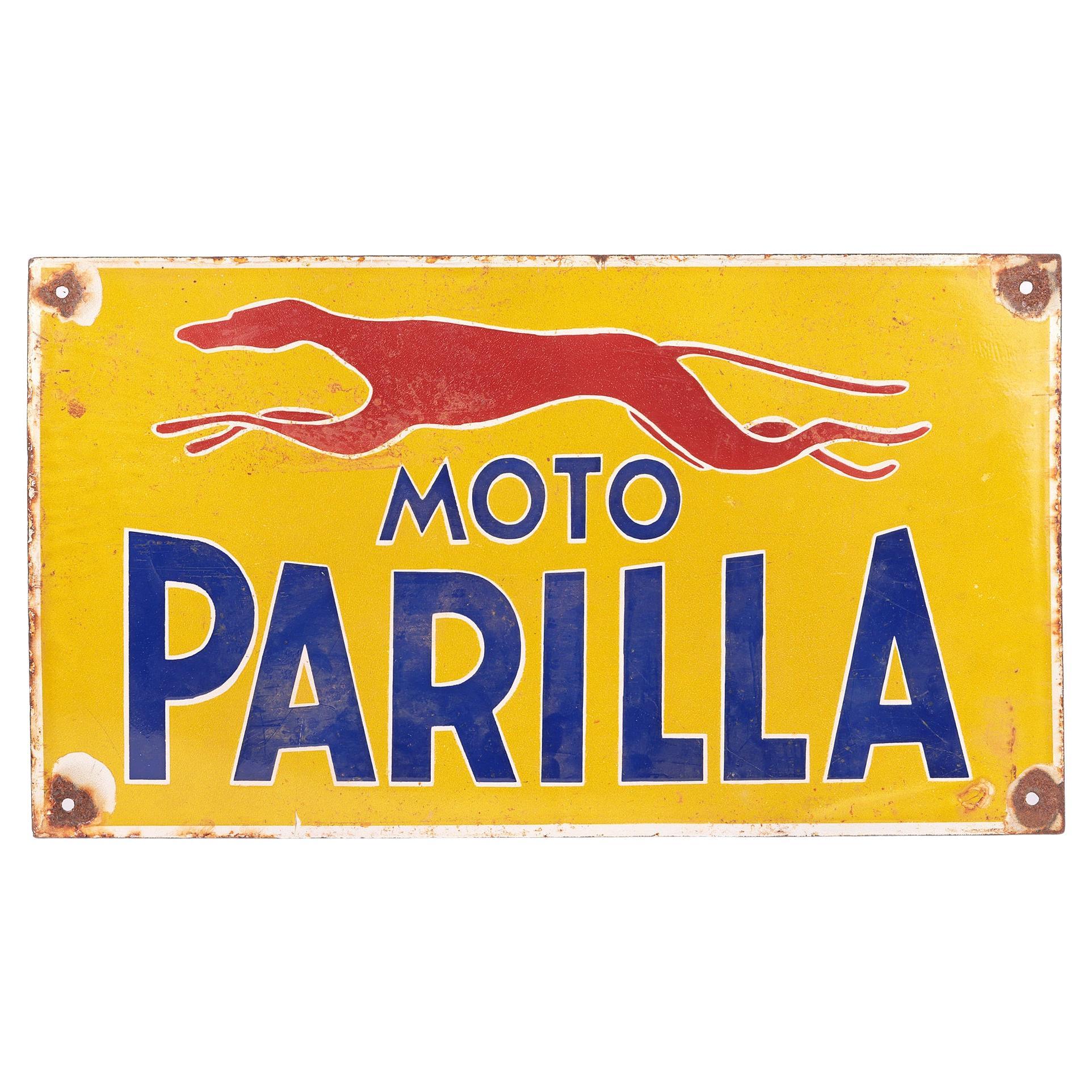 Moto Parilla Italian Mid-Century Motorcylce Enamel Sign For Sale at 1stDibs