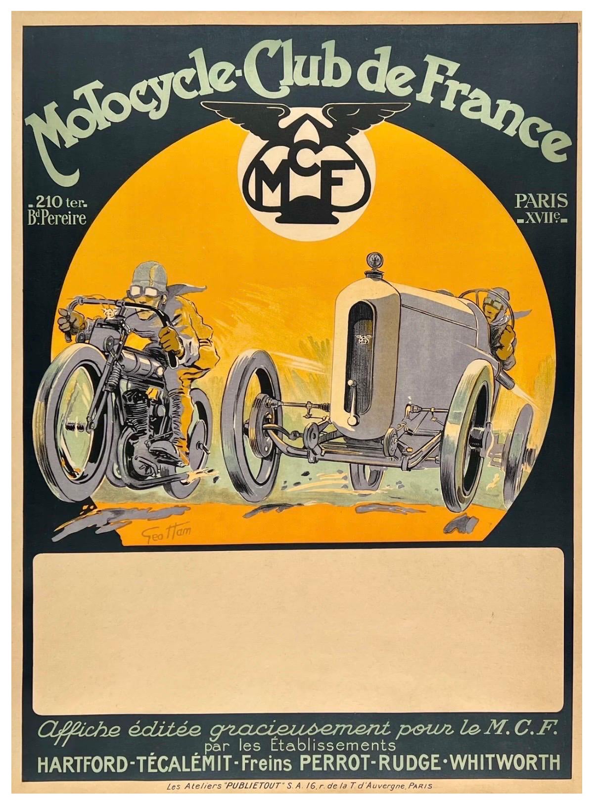 MOTOCYCLE CLUB DE FRANCE PARIS Original Vintage Car Motorcycle Racing Poster