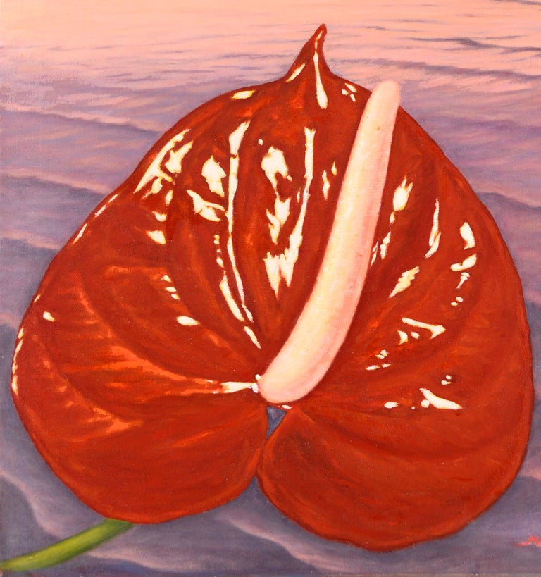 Cook Islands Tropical Sunset Landscape with Red Anthurium Flower  - Painting by Motohiko Ono