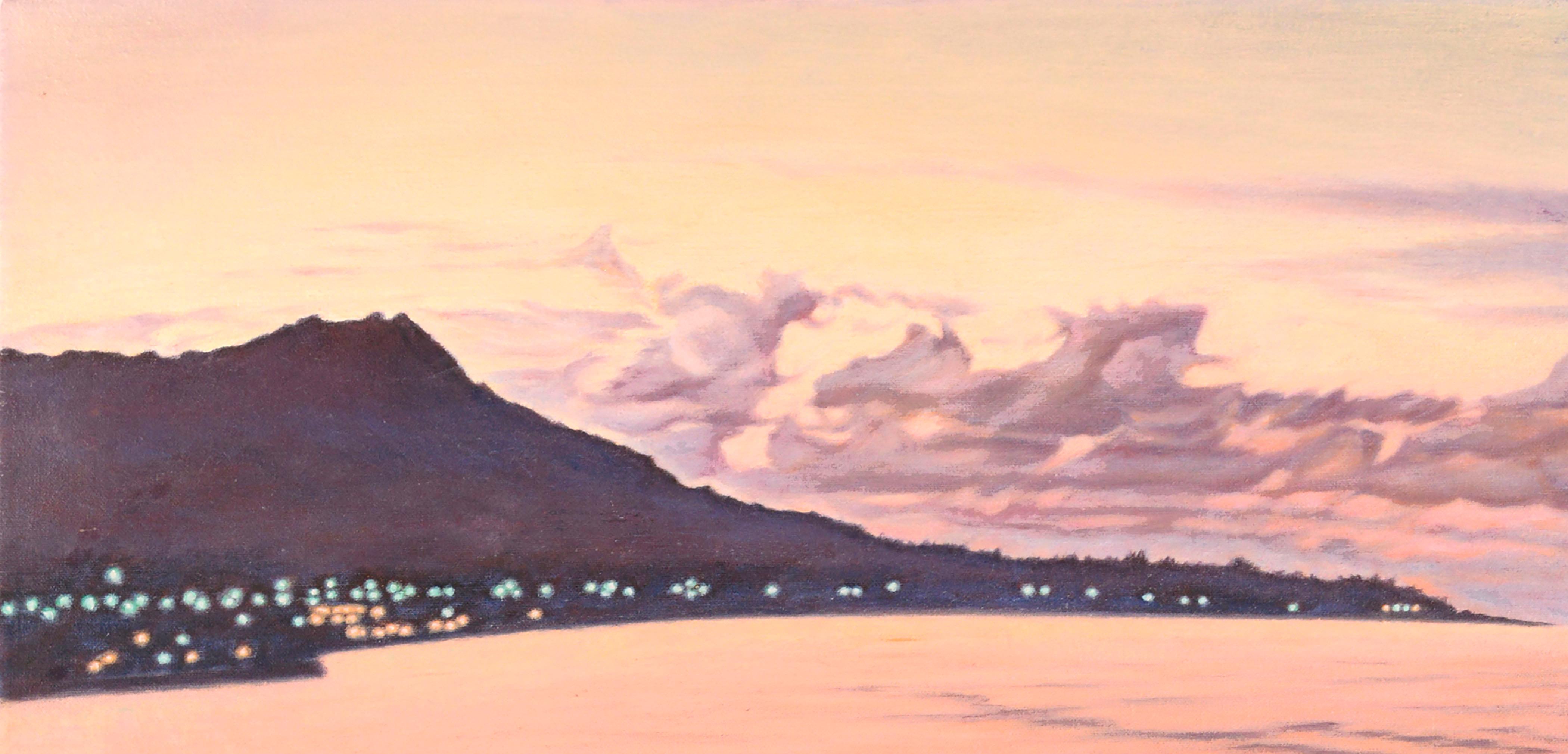 Cook Islands Tropische Sonnenuntergang-Landschaft mit roter Anthuriumblume  (Impressionismus), Painting, von Motohiko Ono