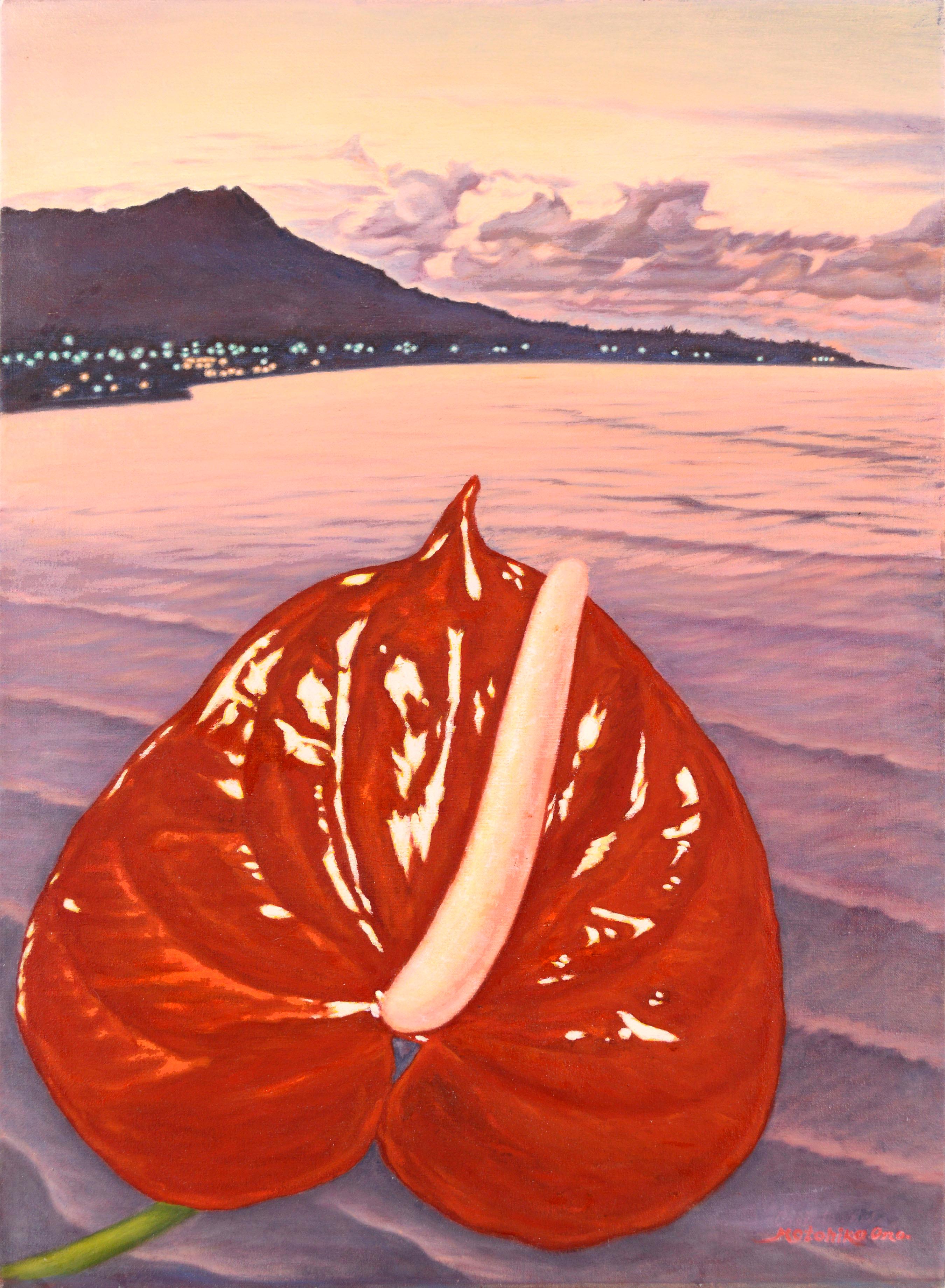 Motohiko Ono Landscape Painting – Cook Islands Tropische Sonnenuntergang-Landschaft mit roter Anthuriumblume 