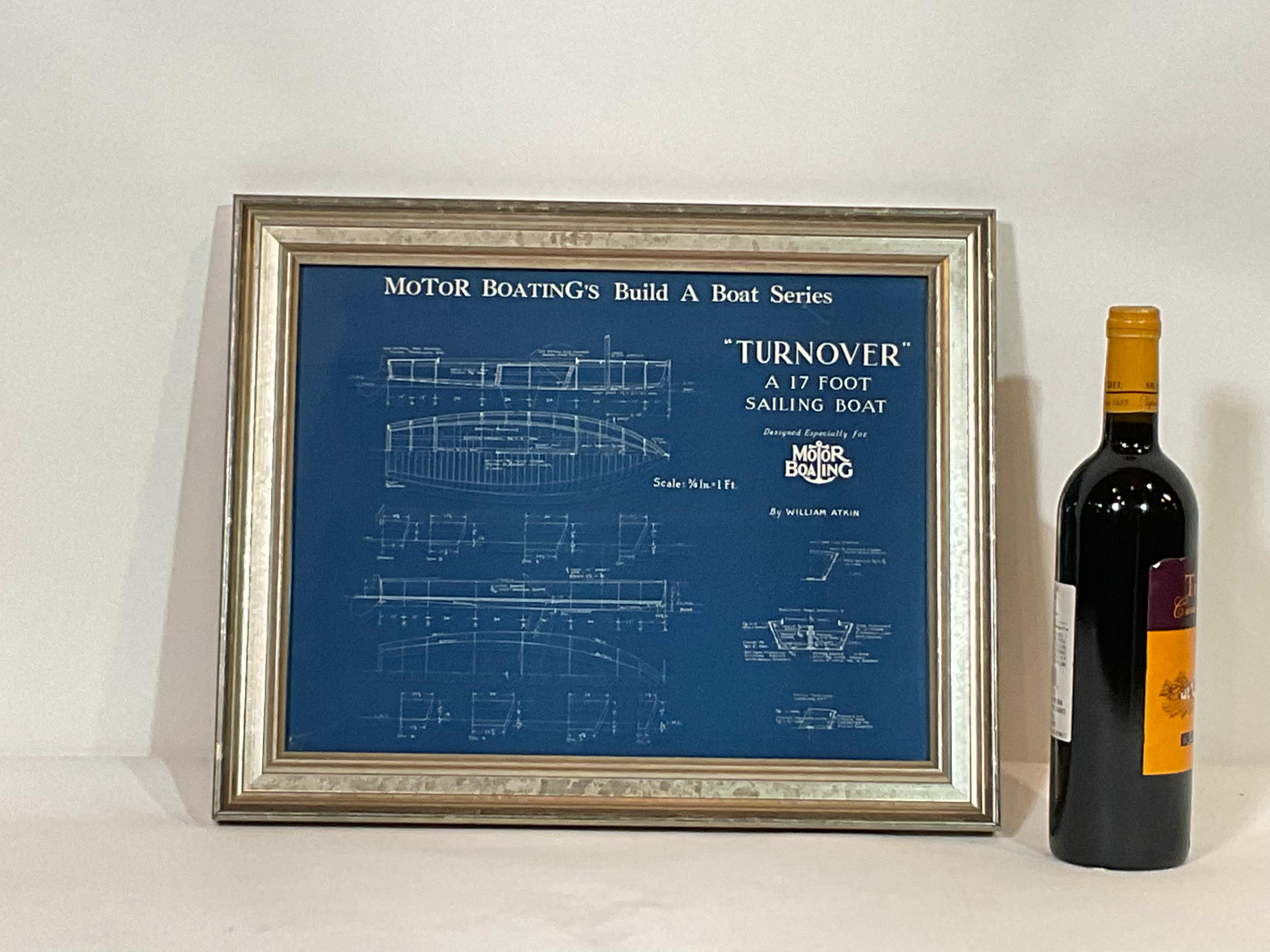 Richly colored blueprint showing the seventeen-foot sailing boat “TURNOVER”. Plan shows hull lines, deck details, hull cross sections, etc. The drawing is by naval architect William Atkin.

Weight: 6 lbs
Overall Dimensions: 14” H x 18” L
Made: