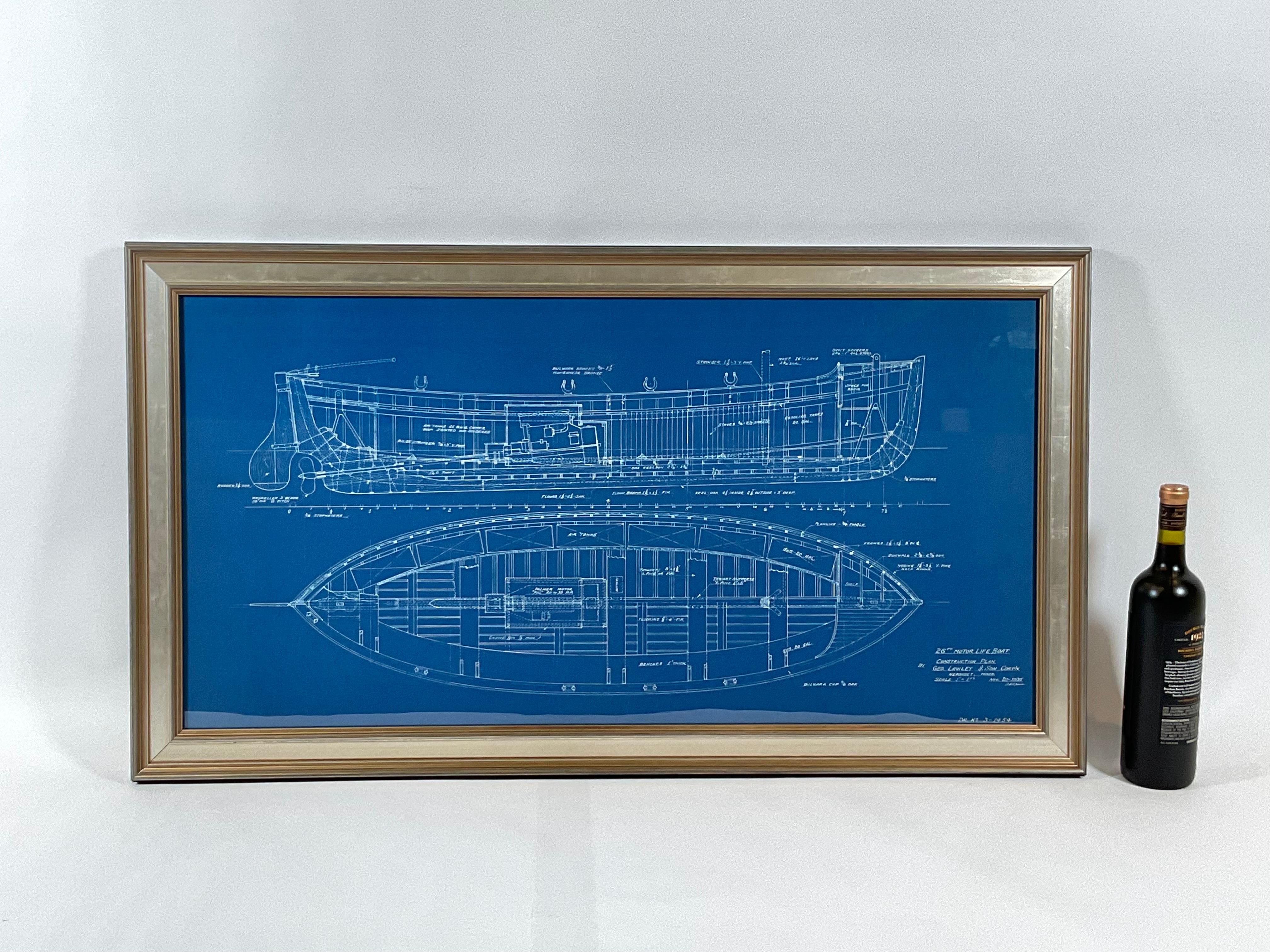 Original 1935 blueprint for a twenty-six-foot motor lifeboat. This is a construction plan showing ribs, keel, stem, supports, hardware, engine, shaft, prop, etc. A very detailed and interesting piece from the famous George Lawley and Son Shipyard.