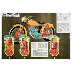 Motorcycle and Two-Stroke Engine, Vintage Wall Chart