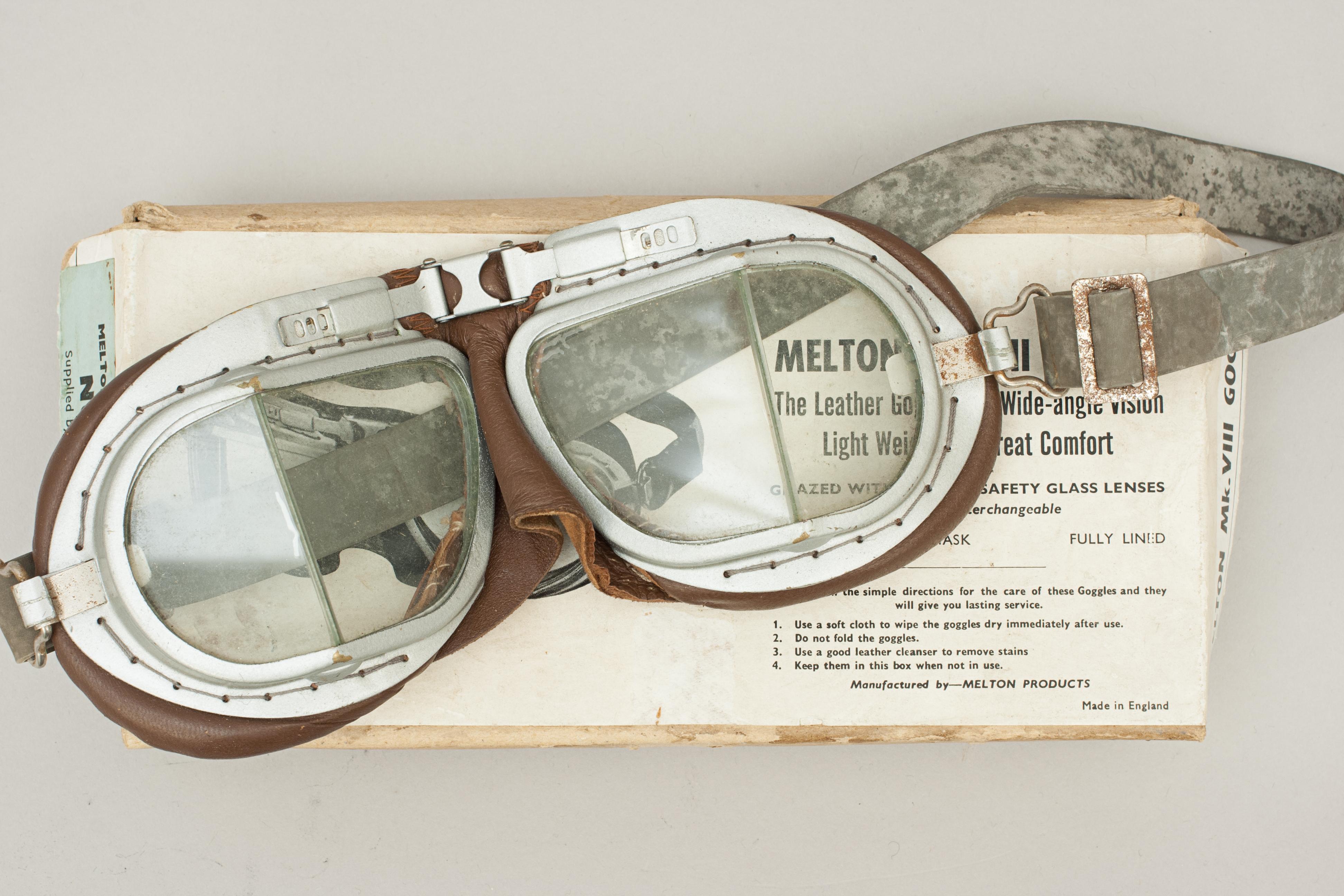 Mid-20th Century Motorcycle, Motoring Goggles Melton Mk. Viii Goggles in Original Cardboard Box