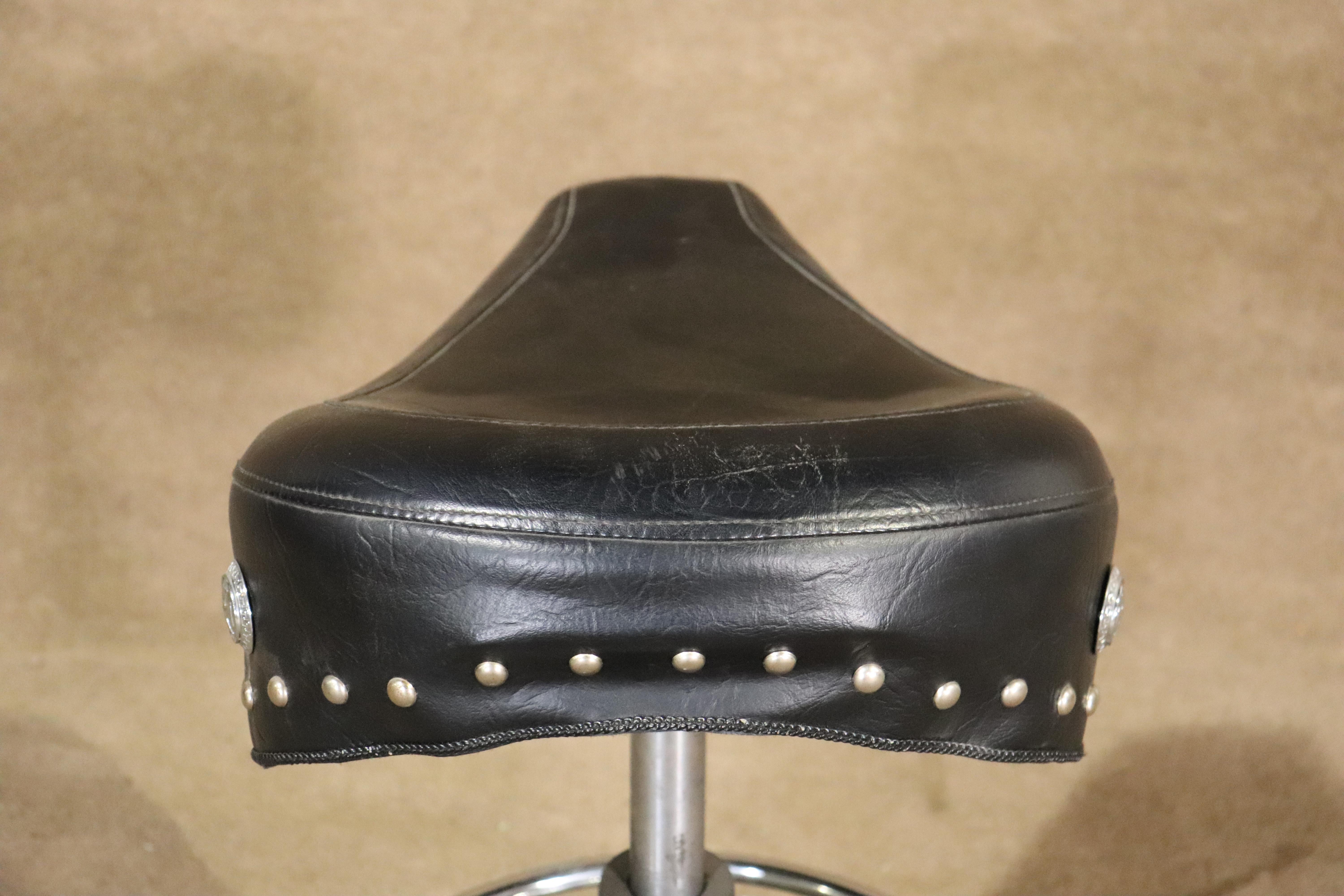 Unique factory stool with motorcycle throne as the seat. Polished chrome base with pneumatic height adjustment.
H: adjustable 23 3/4in - 31in
Please confirm location NY or NJ.