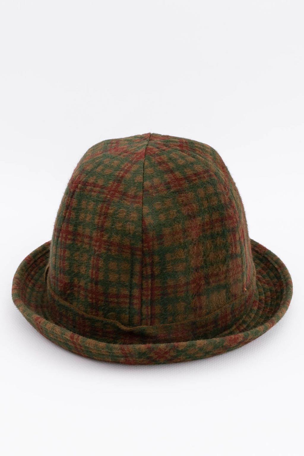 Black Motsch Khaki Green Hat with Red and Dark Green Grid Pattern For Sale