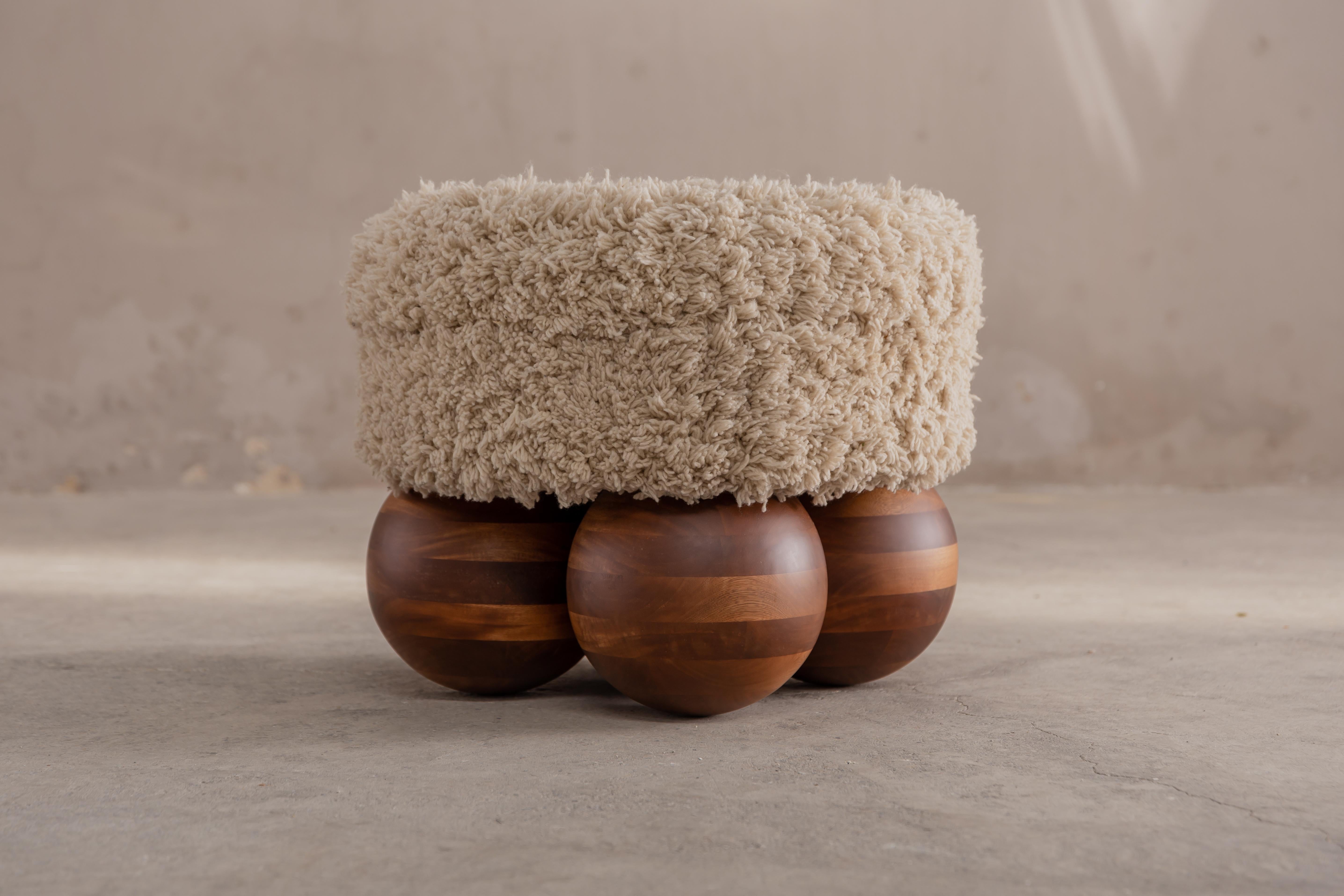 Colombian Mott Stool by Cruc Studio, Wool & Solid Wood Handcrafted Stool For Sale