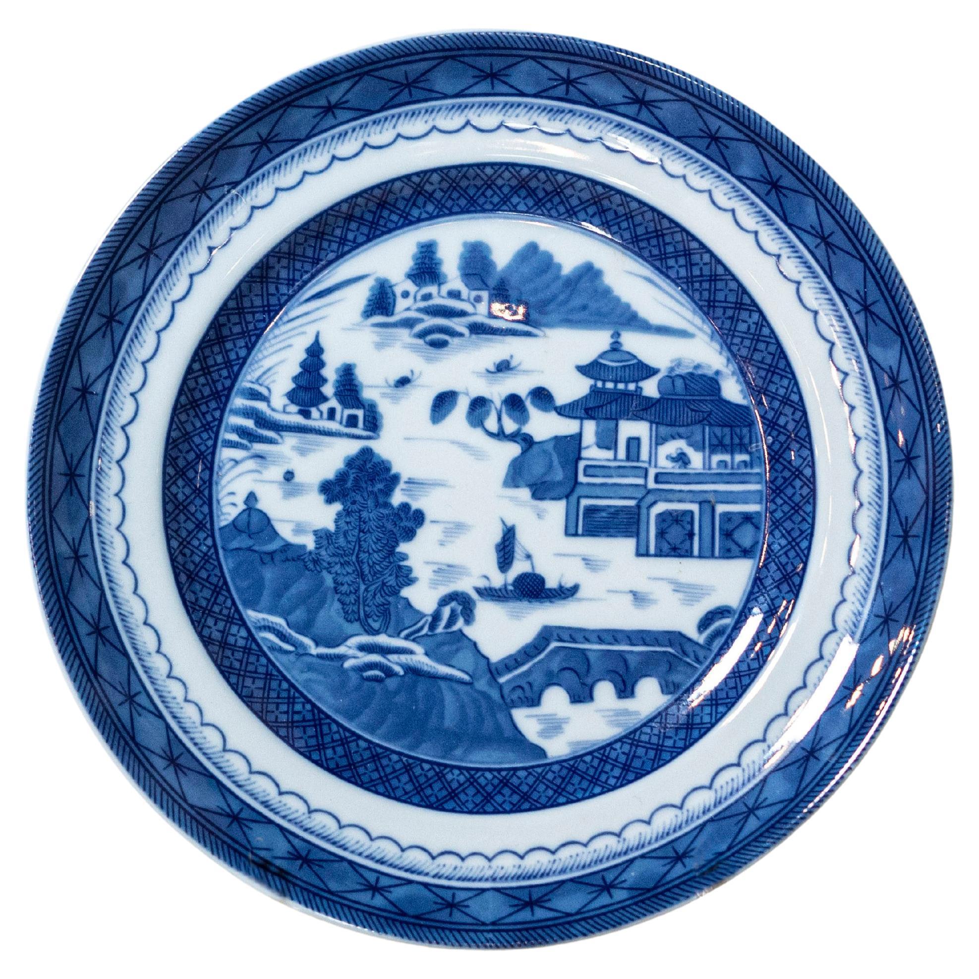 Mottahedeh Blue Canton Porcelain Plate with Blue and White Chinese Landscape For Sale
