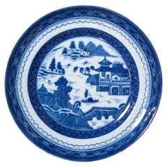 Used Mottahedeh Blue Canton Porcelain Plate with Blue and White Chinese Landscape