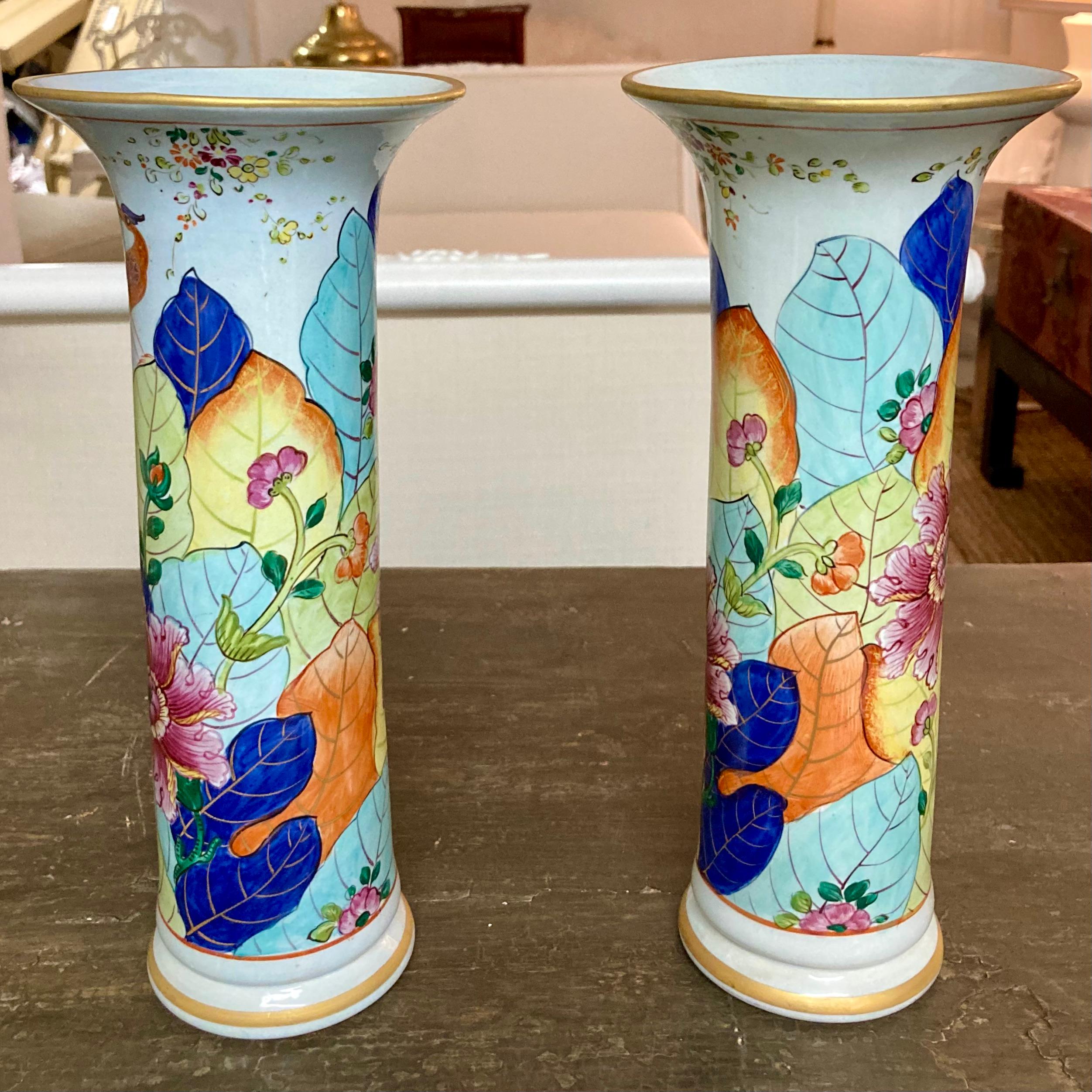 Beautiful pair of Mottahedeh style tobacco leaf vases. See our Mottahedeh style collection in our listing and collect some gorgeous pieces.