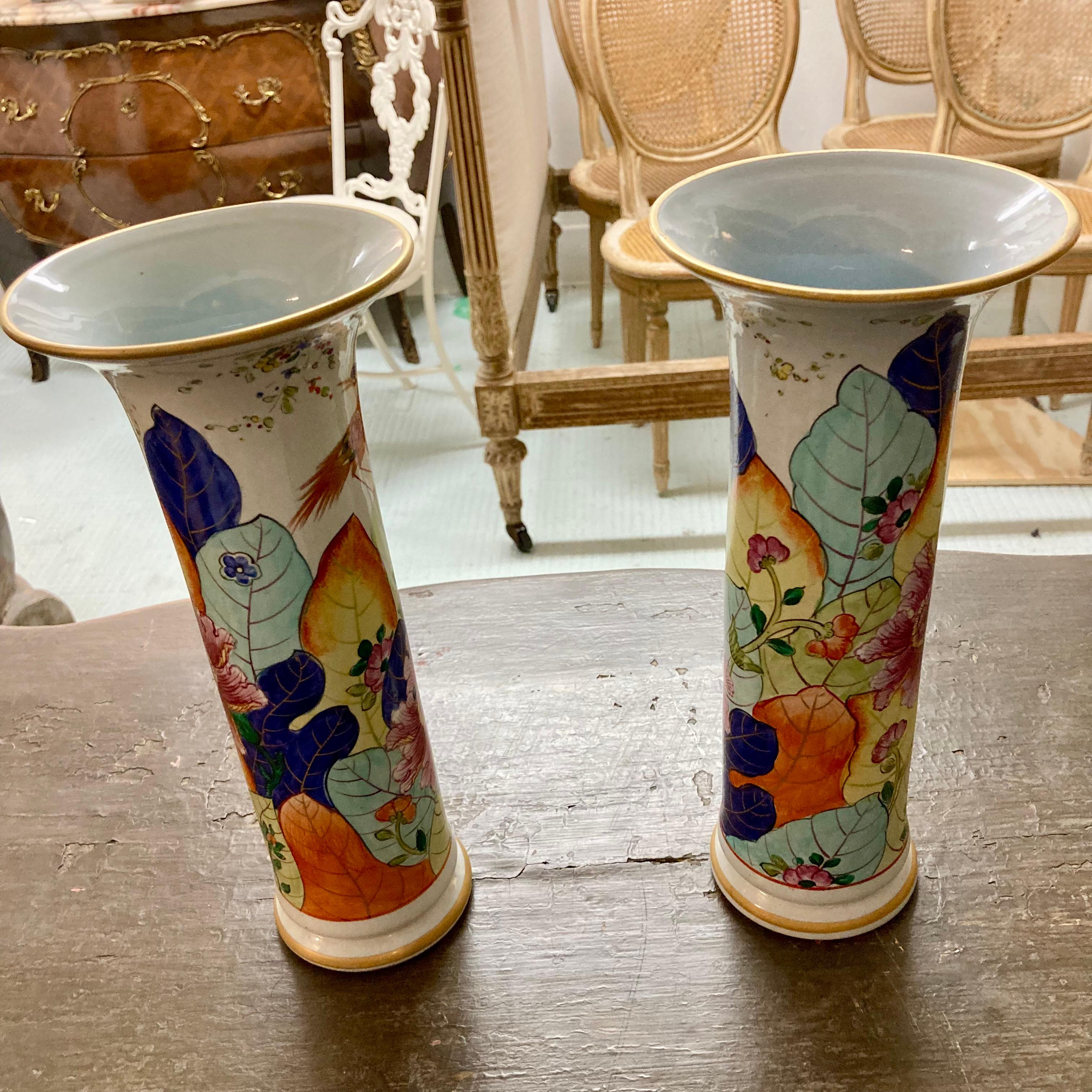 Late 20th Century Mottahedeh Style Tobacco Leaf Vases, a Pair For Sale
