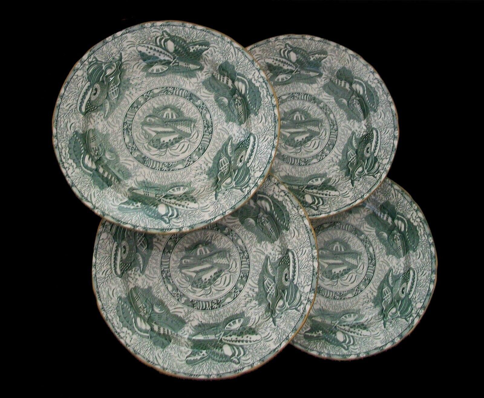 Regency MOTTAHEDEH, Torquay, 4 Green Transfer Decorated Dinner Plates, Circa 1990's
