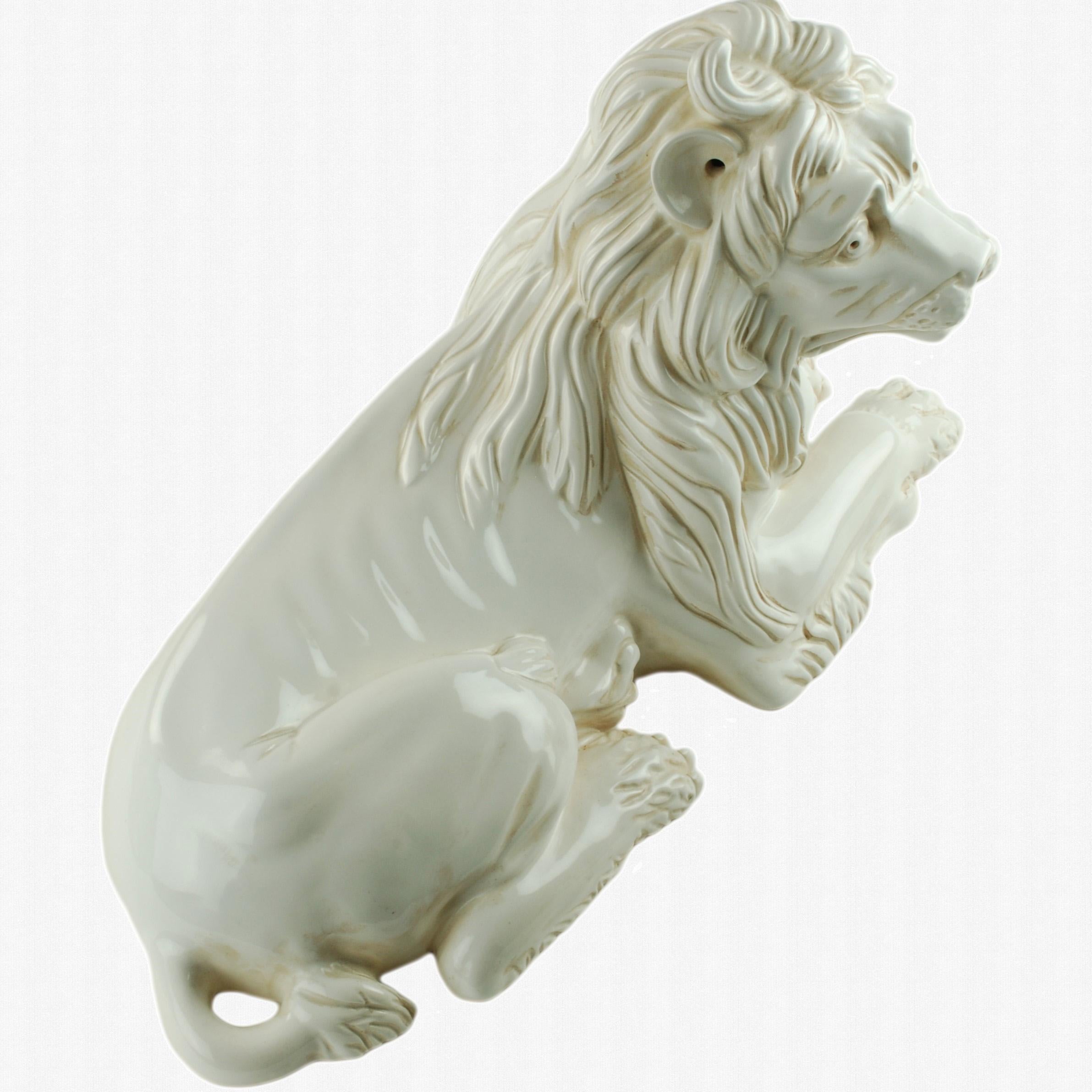 Ceramic Mottahedeh White Glazed Majolica Recumbent Lion Figure after Kaendler For Sale
