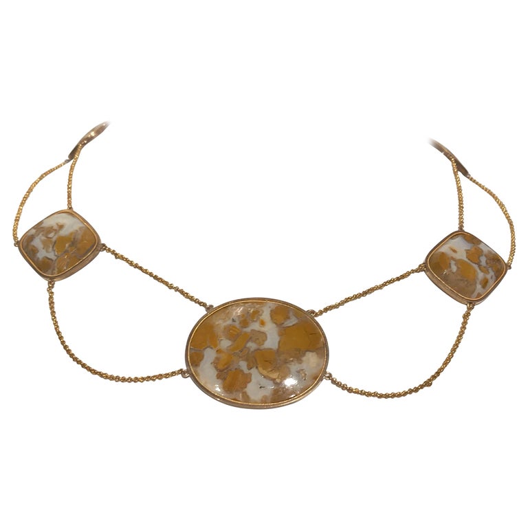 Mottled Agate Quartz and Gold Swag Festoon Necklace Estate Fine Jewelry For Sale