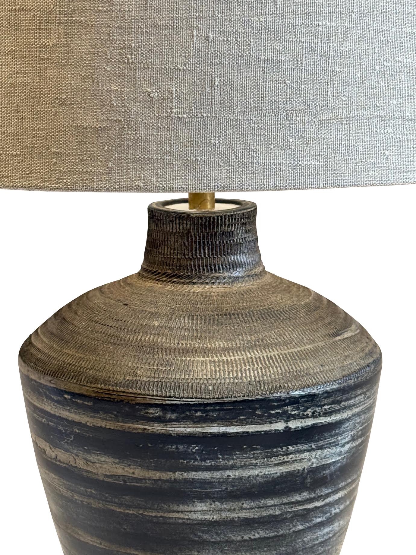 Chinese Mottled Black And Tan Textured Ceramic Pair Lamps, China, Contemporary For Sale