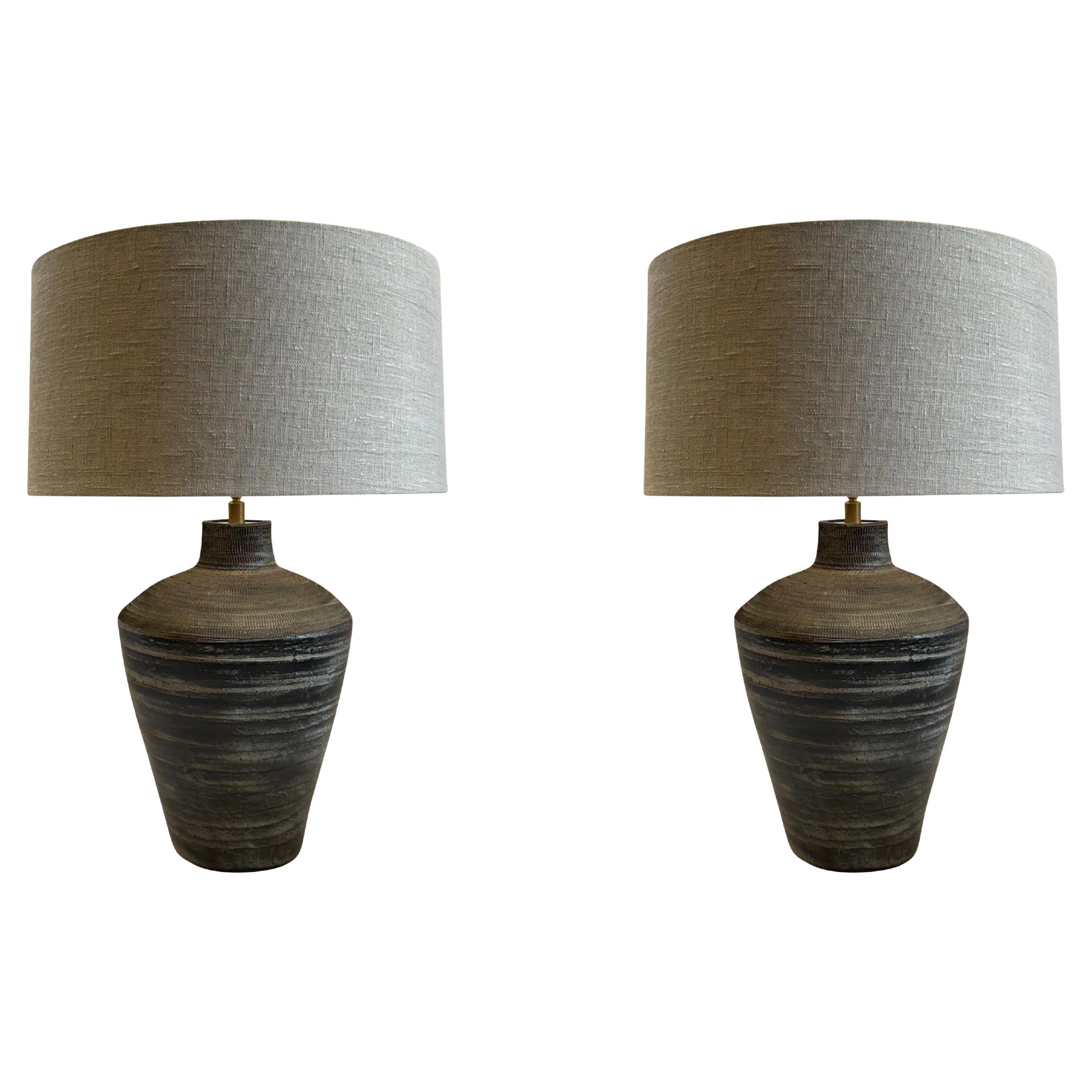 Mottled Black And Tan Textured Ceramic Pair Lamps, China, Contemporary