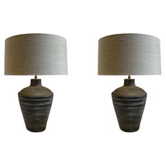 Mottled Black And Tan Textured Ceramic Pair Lamps, China, Contemporary
