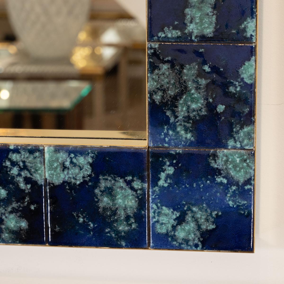 Mid-Century Modern Mottled Blue Ceramic Tile Mirror