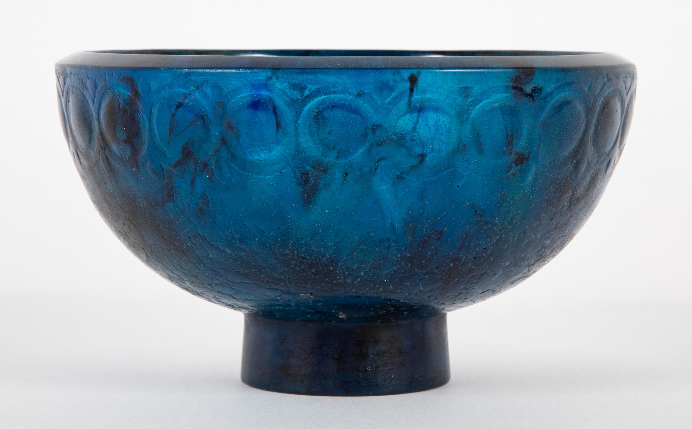 Francois Decorchemont footed glass bowl of pate de verre in mottled blue with swirling design.  Marked and incised.  France.  Circa 1926.