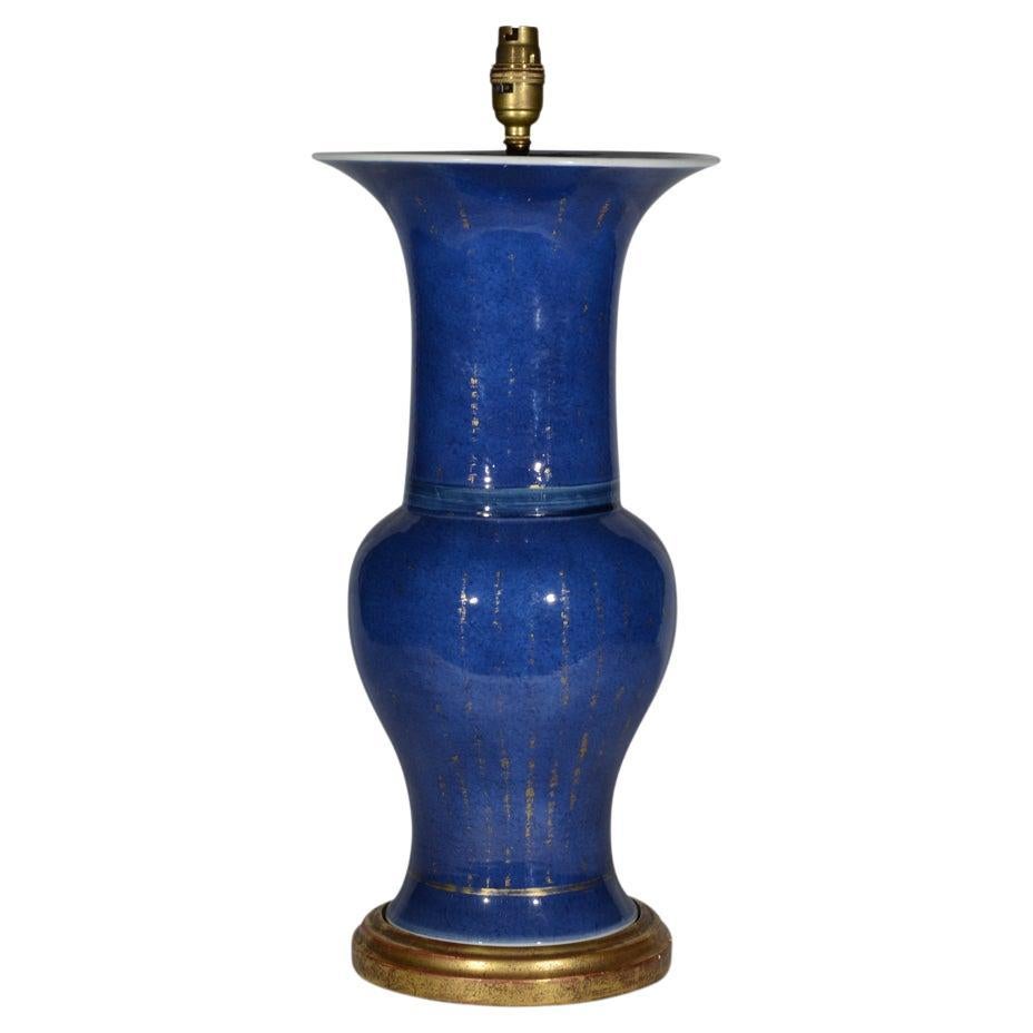 Mottled Chinese Deep Blue Glazed Porcelain Table Lamp For Sale