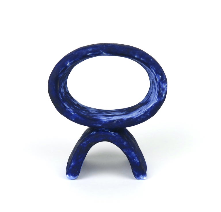 Contemporary Mottled Deep Blue Hand Built Ceramic Totem, Wide Oval on Curved Foot For Sale