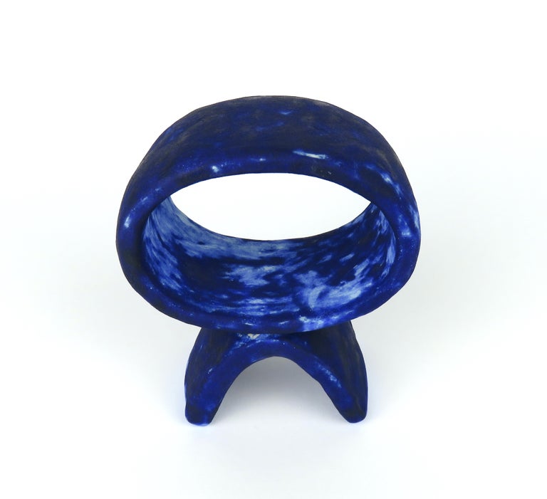 Mottled Deep Blue Hand Built Ceramic Totem, Wide Oval on Curved Foot For Sale 5
