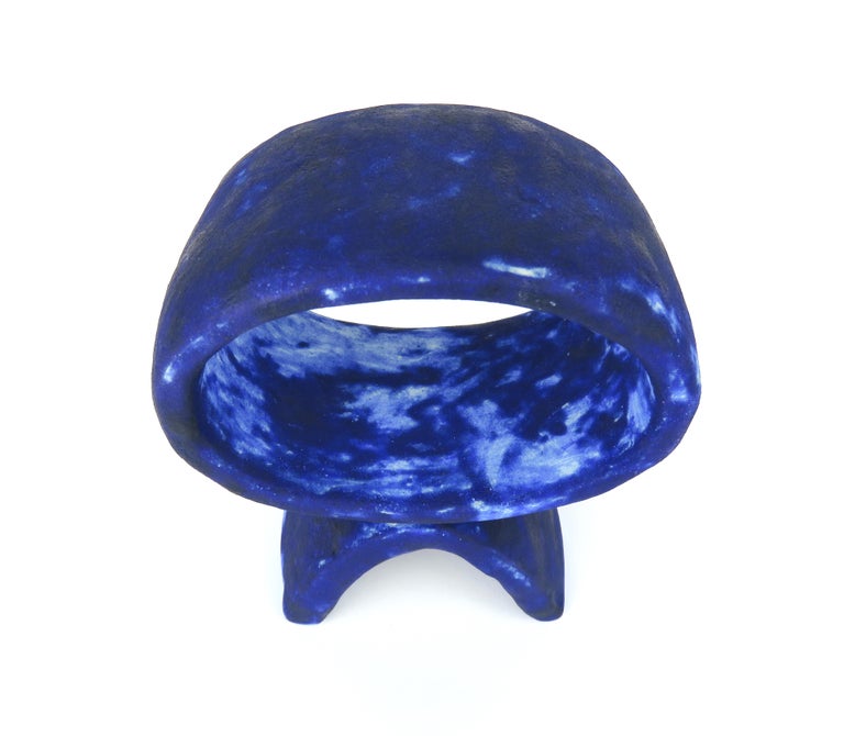 Mottled Deep Blue Hand Built Ceramic Totem, Wide Oval on Curved Foot For Sale 6