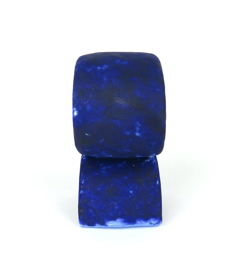 Mottled Deep Blue Hand Built Ceramic Totem, Wide Oval on Curved Foot For Sale 3