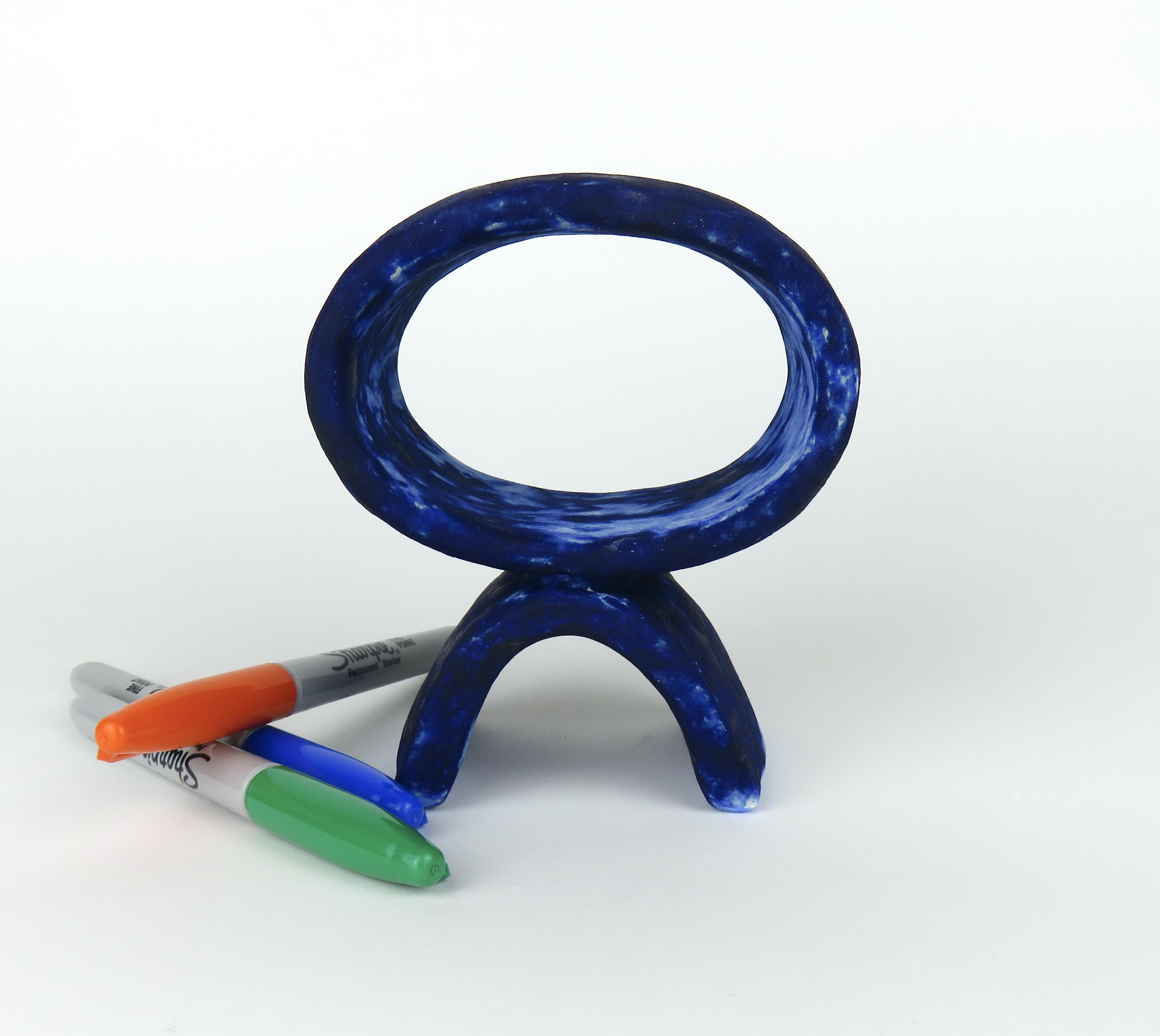 Mottled Deep Blue Hand Built Ceramic Totem, Wide Oval on Curved Foot For Sale 11