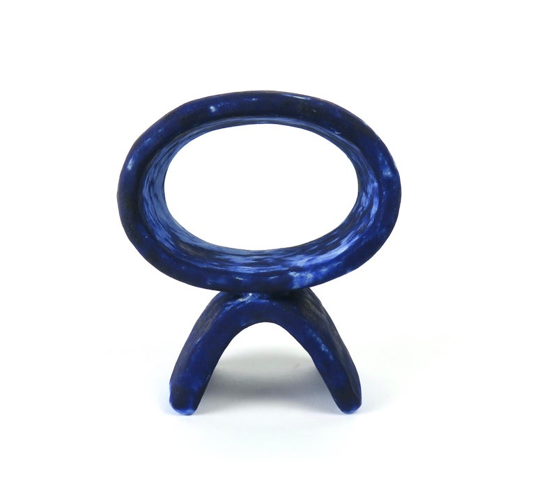 American Mottled Deep Blue Hand Built Ceramic Totem, Wide Oval on Curved Foot For Sale