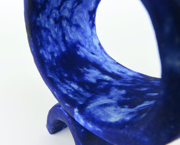 Mottled Deep Blue Hand Built Ceramic Totem, Wide Oval on Curved Foot For Sale 2