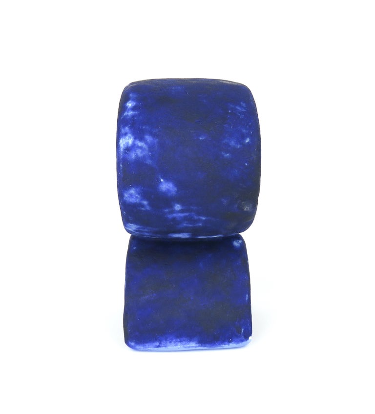 Glazed Mottled Deep Blue Hand Built Ceramic Totem, Wide Oval on Curved Foot For Sale