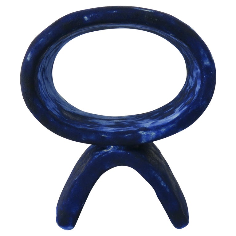 Organic Modern Mottled Deep Blue Hand Built Ceramic Totem, Wide Oval on Curved Foot For Sale