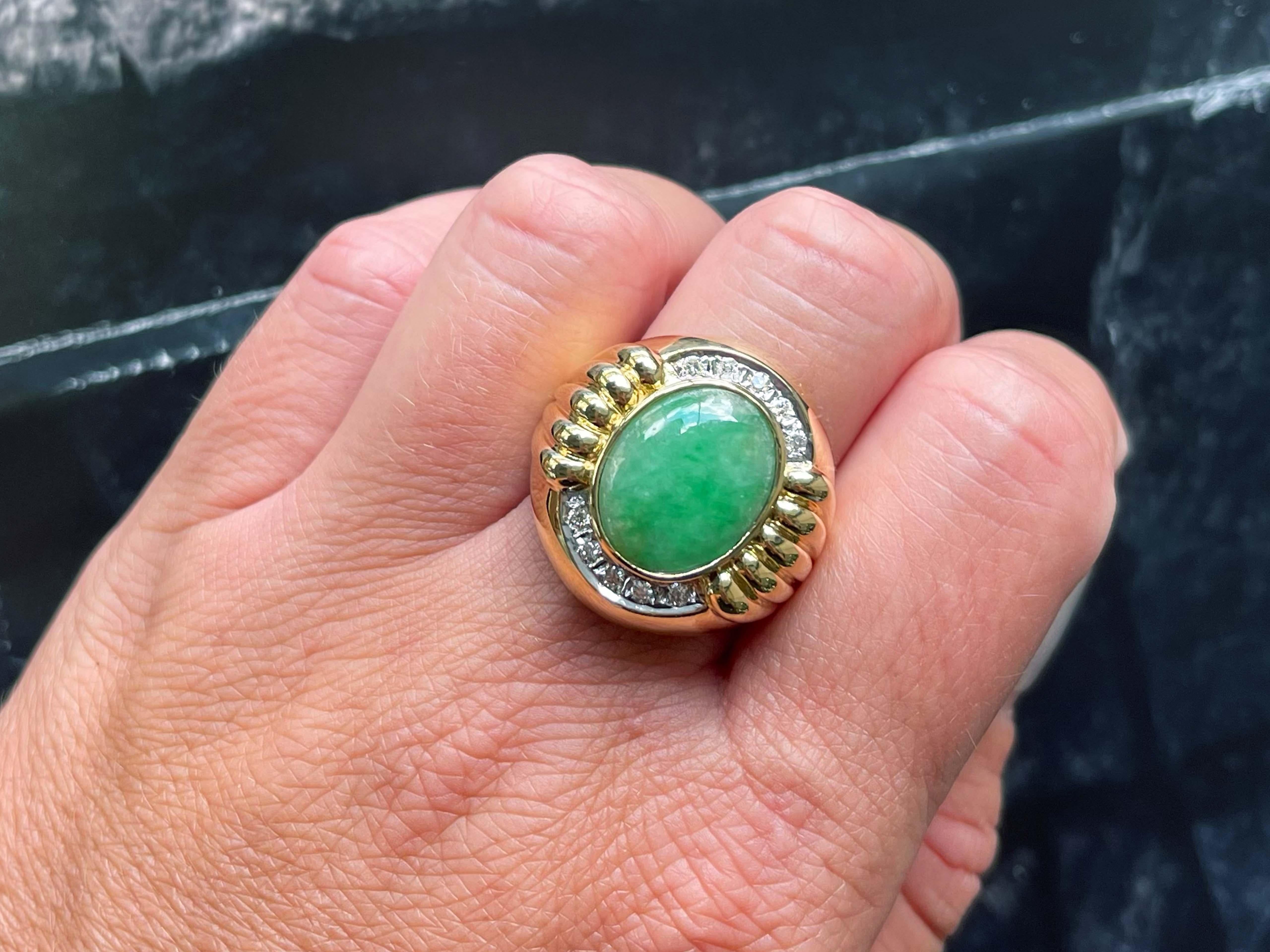Item Specifications:

Metal: 18K Yellow Gold 

Style: Statement Ring

Ring Size: 9 (resizing available for a fee)

Total Weight: 19 Grams

Gemstone Specifications:

Center Gemstone: Jadeite Jade

Shape: Oval

Color: Mottled Green

Cut: Cabochon
