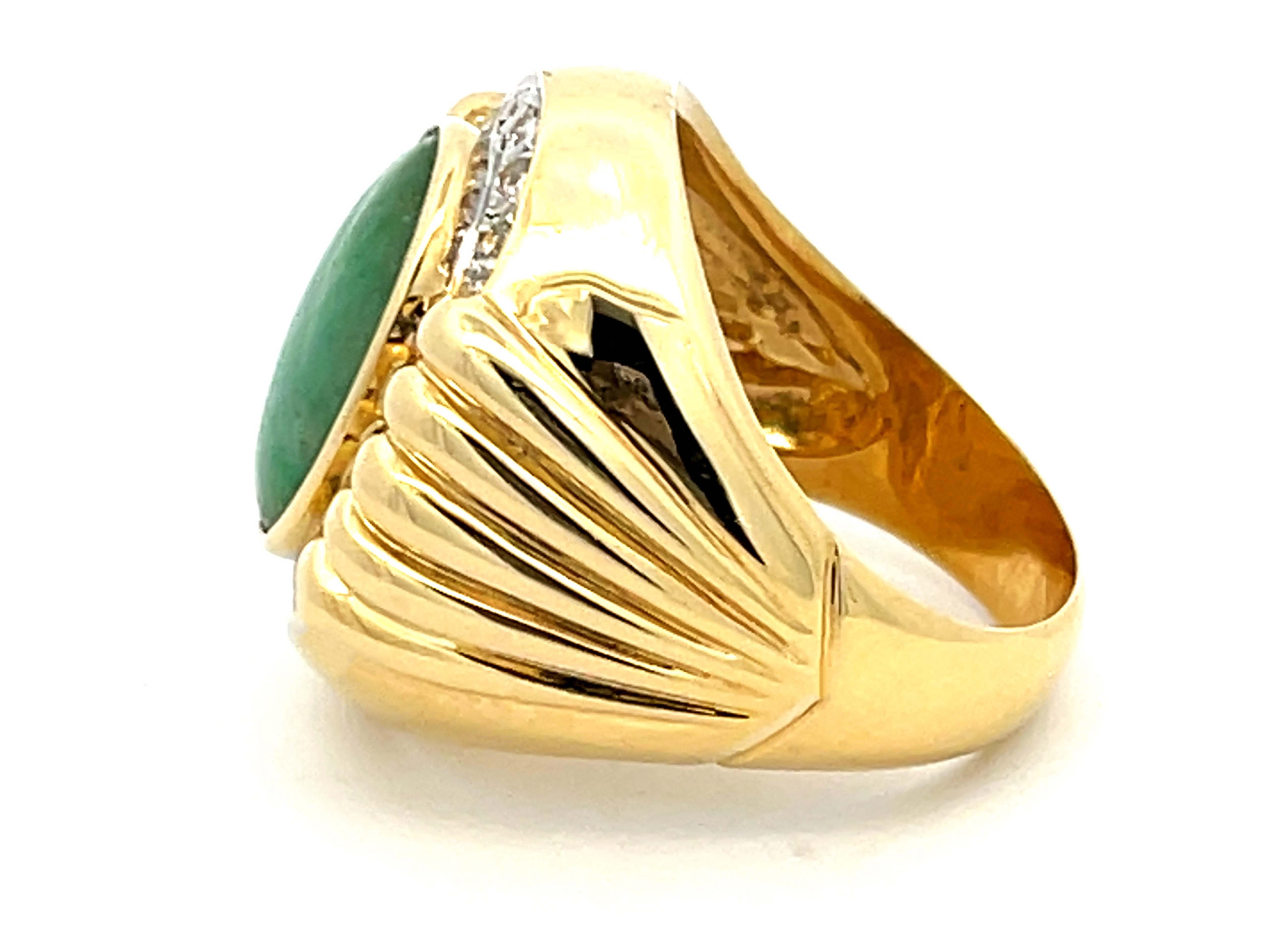 Cabochon Mottled Green Jade and Diamond Ring with Fluted Shoulders in 18K Yellow Gold For Sale
