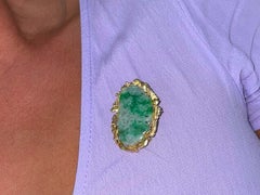 Mottled Green Pierced Jade and Gold Brooch/Pendant in 14k Yellow Gold