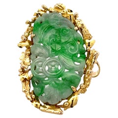 Mottled Green Pierced Jade and Gold Brooch/Pendant in 14k Yellow Gold