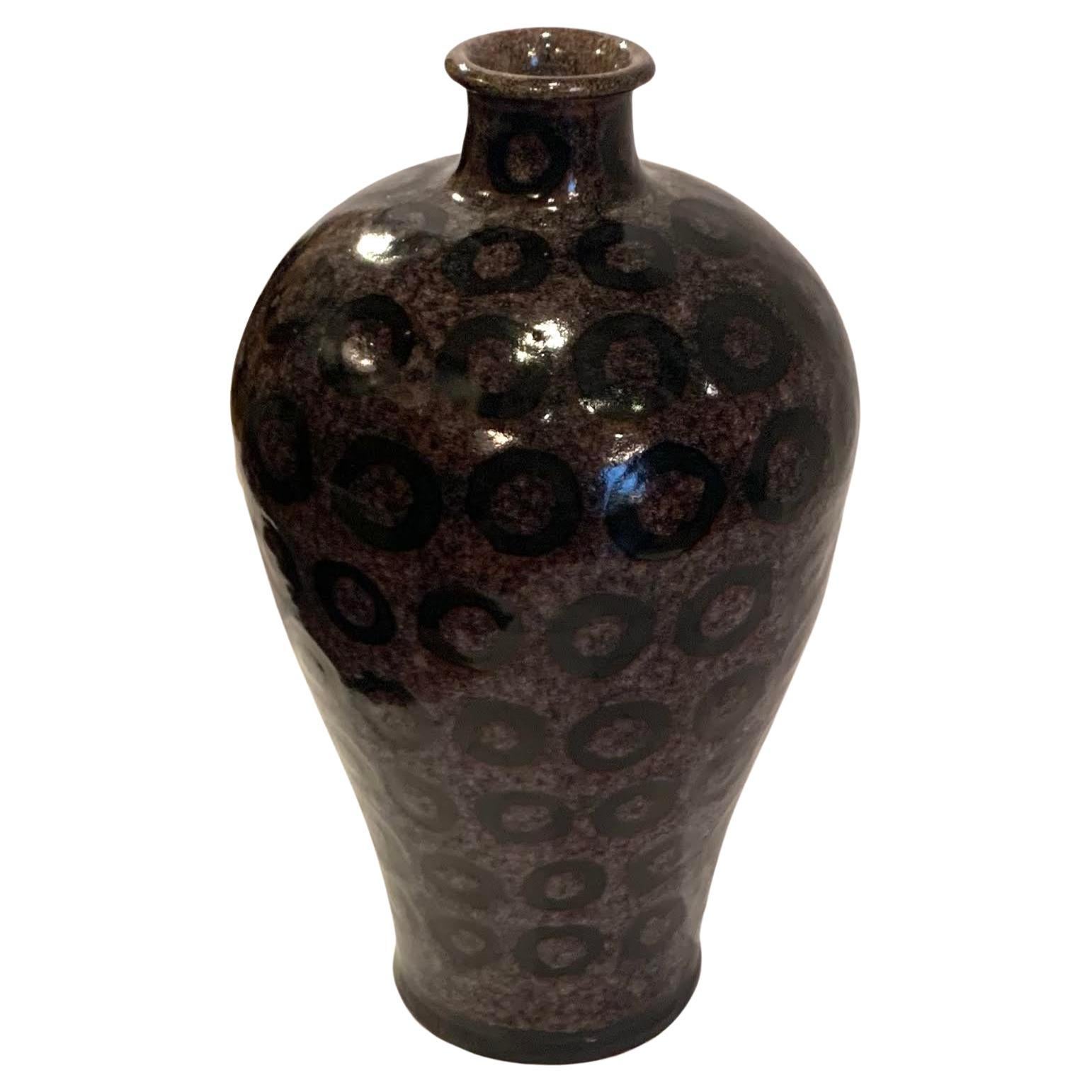 Mottled Ground Hand Painted Black Circle Design Vase, China, Contemporary For Sale