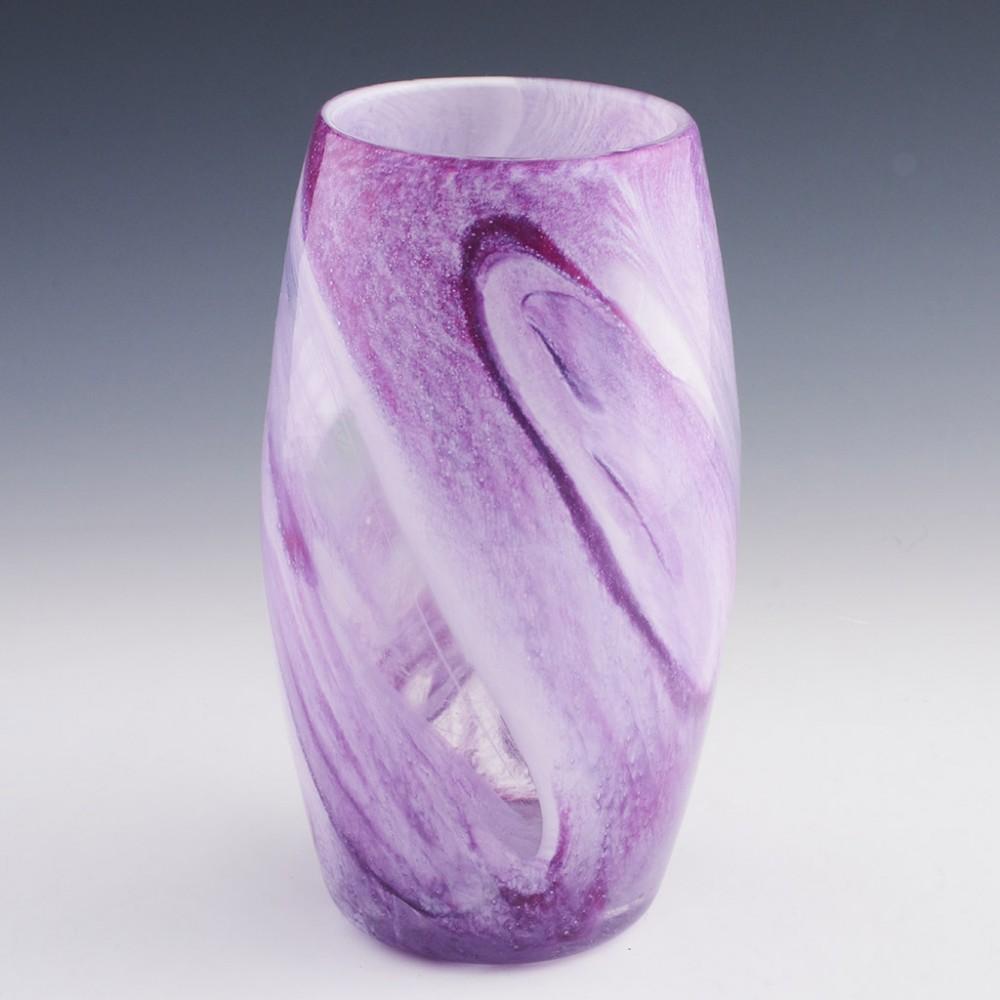 Heading : Gray-stan mottled glass vase
Date : c1930
Origin : London, England
Bowl Features : Mottled purple and white and clear glass
Marks : Incised Gray-Stan signature to base
Type : Lead
Size : 19cm height, 10.9cm diameter
Condition : Excellent,